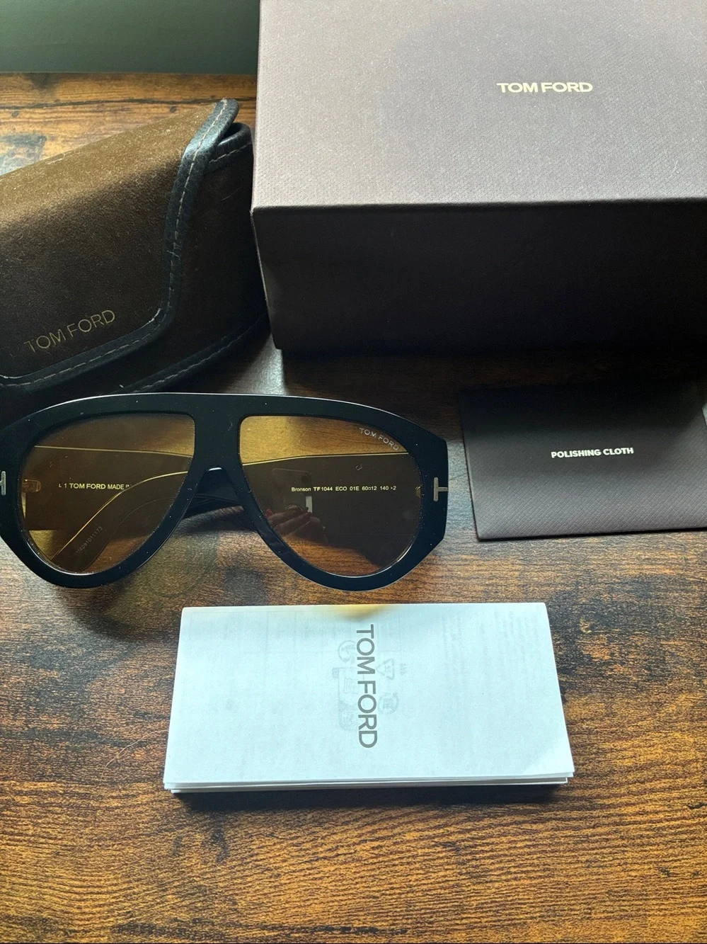 Tom Ford Black Frame Sunglasses with Brown/Amber Lenses/ gentlwear shown on case